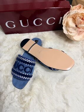 Gucci Denim Slide Sandals in Navy and White